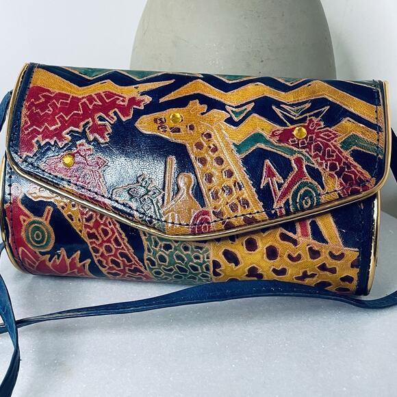 VTG Leather Embossed Giraffe Wildlife Jungle Africa Structured Crossbody Bag - Picture 2 of 12